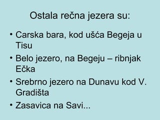 Ostala rečna jezera su:
• Carska bara, kod ušća Begeja u
  Tisu
• Belo jezero, na Begeju – ribnjak
  Ečka
• Srebrno jezero na Dunavu kod V.
  Gradišta
• Zasavica na Savi...
 