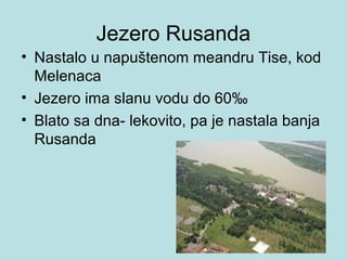Jezero Rusanda
• Nastalo u napuštenom meandru Tise, kod
  Melenaca
• Jezero ima slanu vodu do 60‰
• Blato sa dna- lekovito, pa je nastala banja
  Rusanda
 