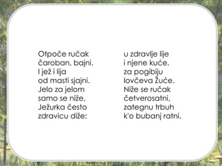 Otpoče ručak
čaroban, bajni.
I jež i lija
od masti sjajni.
Jelo za jelom
samo se niže,
Ježurka često
zdravicu diže:
u zdravlje lije
i njene kuće,
za pogibiju
lovčeva Žuće.
Niže se ručak
četverosatni,
zategnu trbuh
k'o bubanj ratni.
 