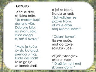 Ježić se diže,
njuškicu briše.
“Ja moram kući,
dosta je više.
Dobro je bilo,
na stranu šala,
lisice draga,
e, baš ti hvala.”
“Moja je kuća
čvrsta k'o grad,
prenoći u njoj.
Kuda ćeš sad?”
Tako ga lija
za konak sladi,
a jež se brani,
šta da se radi:
“Zahvaljujem se
pozivu tvom,
al' mi je draži
moj skromni dom!”
“Ostani, kume”,
lija sve guče,
moli ga, zove,
za ruku vuče.
Al' jež, tvrdoglav,
osta pri svom.
“ Draži je meni moj
skromni dom! ”
RASTANAK
 