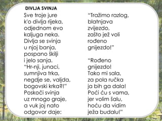 Sve troje jure
k'o divlja rijeka,
odjednom evo
kaljuga neka.
Divlja se svinja
u njoj banja,
pospano škilji
i jelo sanja.
“Hr-nji, junaci,
sumnjiva trka,
negdje se, valjda,
bogovski krka?!”
Poskoči svinja
uz mnogo graje,
a vuk joj nato
odgovor daje:
“Tražimo razlog,
blatnjava
zvijezdo,
zašto jež voli
rođeno
gnijezdo!”
“Rođeno
gnijezdo!
Tako mi sala,
za pola ručka
ja bih ga dala!
Poći ću s vama,
jer volim šalu,
hoću da vidim
ježa budalu!”
DIVLJA SVINJA
 