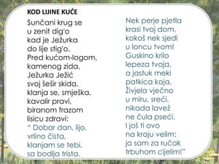KOD LIJINE KUĆE
Sunčani krug se
u zenit dig'o
kad je Ježurka
do lije stig'o.
Pred kućom-logom,
kamenog zida,
Ježurka Ježić
svoj šešir skida,
klanja se, smješka,
kavalir pravi,
biranom frazom
lisicu zdravi:
“ Dobar dan, lijo,
vrlino čista,
klanjam se tebi,
sa bodlja trista.
Nek perje pjetla
krasi tvoj dom,
kokoš nek sjedi
u loncu tvom!
Guskino krilo
lepeza tvoja,
a jastuk meki
patkica koja.
Živjela vječno
u miru, sreći,
nikada lavež
ne čula pseći.
I još ti ovo
na kraju velim:
ja sam za ručak
trbuhom cijelim!”
 