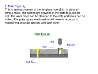 2: Plate Type Jig:
This is an improvement of the template type of jig. In place of
simple holes, drill bushes are provided in the plate to guide the
drill. The work piece can be clamped to the plate and holes can be
drilled. The plate jig are employed to drill holes in large parts,
maintaining accurate spacing with each other.
 