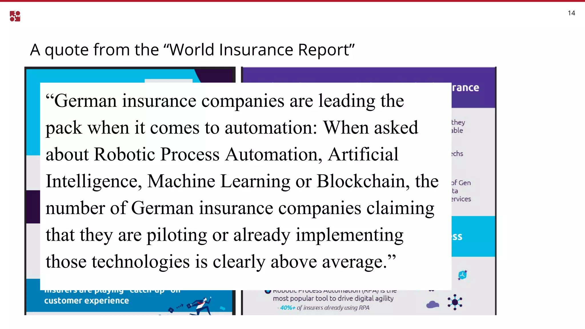 A quote from the “World Insurance Report”
14
“German insurance companies are leading the
pack when it comes to automation: When asked
about Robotic Process Automation, Artificial
Intelligence, Machine Learning or Blockchain, the
number of German insurance companies claiming
that they are piloting or already implementing
those technologies is clearly above average.”
 