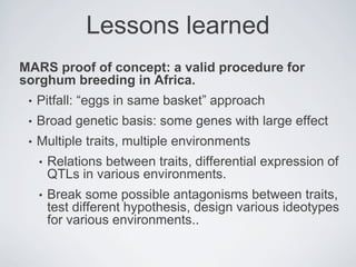 Lessons learned
MARS proof of concept: a valid procedure for
sorghum breeding in Africa.
• Pitfall: “eggs in same basket” approach
• Broad genetic basis: some genes with large effect
• Multiple traits, multiple environments
• Relations between traits, differential expression of
QTLs in various environments.
• Break some possible antagonisms between traits,
test different hypothesis, design various ideotypes
for various environments..
 