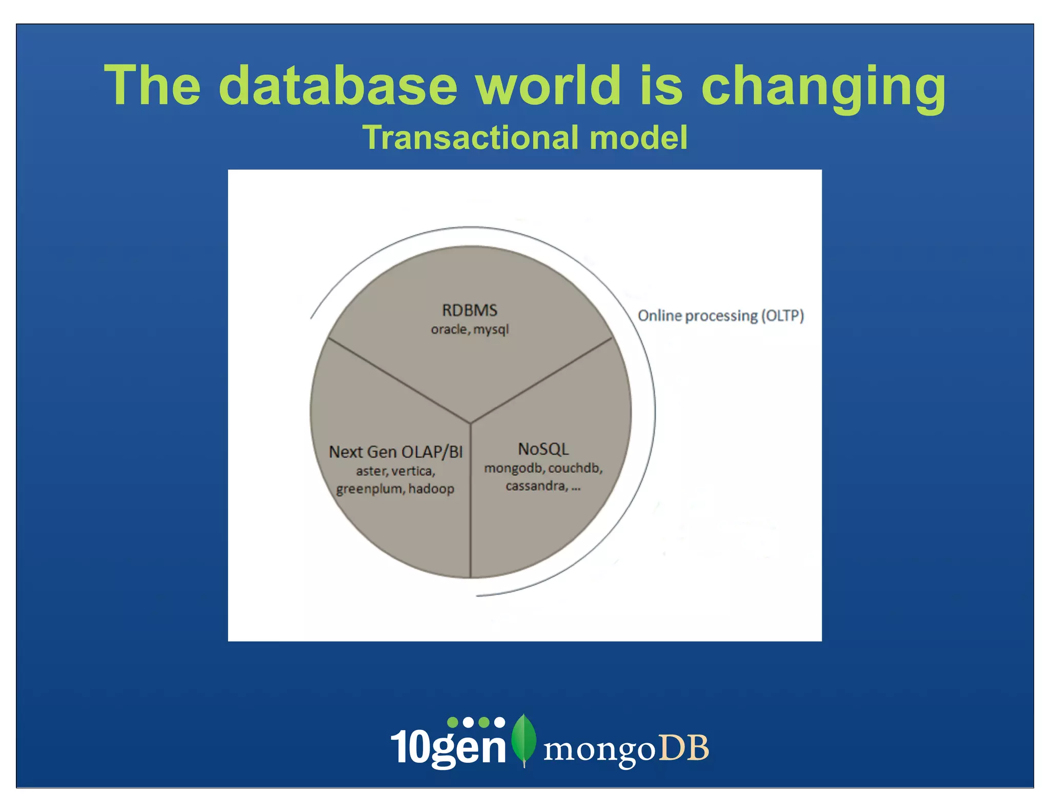 The database world is changing
         Transactional model
 