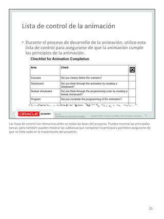 Las listas de control son elementos útiles en todas las fases del proyecto. Pueden mostrar las principales
tareas, pero también pueden mostrar las subtareas que componen la principal y permiten asegurarse de
que no falte nada en la implantación del proyecto.
21
 
