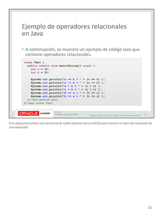 Esta diapositiva utiliza una sentencia de salida (System.out.println()) para mostrar el valor del resultado de
una expresión.
22
 