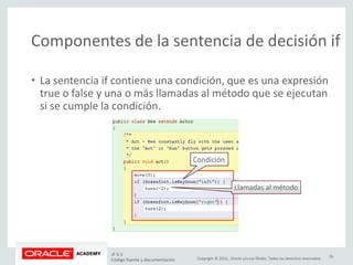 Copyright © 2015, Oracle y/o sus filiales. Todos los derechos reservados.
Componentes de la sentencia de decisión if
• La sentencia if contiene una condición, que es una expresión
true o false y una o más llamadas al método que se ejecutan
si se cumple la condición.
Condición
Llamadas al método
JF 3-3
Código fuente y documentación
26
 