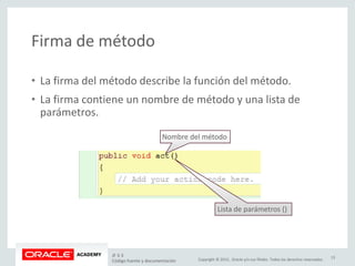 Copyright © 2015, Oracle y/o sus filiales. Todos los derechos reservados.
Firma de método
• La firma del método describe la función del método.
• La firma contiene un nombre de método y una lista de
parámetros.
Nombre del método
Lista de parámetros ()
JF 3-3
Código fuente y documentación
13
 