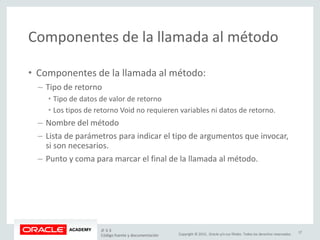 Copyright © 2015, Oracle y/o sus filiales. Todos los derechos reservados.
Componentes de la llamada al método
• Componentes de la llamada al método:
– Tipo de retorno
• Tipo de datos de valor de retorno
• Los tipos de retorno Void no requieren variables ni datos de retorno.
– Nombre del método
– Lista de parámetros para indicar el tipo de argumentos que invocar,
si son necesarios.
– Punto y coma para marcar el final de la llamada al método.
JF 3-3
Código fuente y documentación
17
 