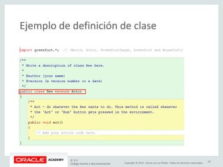 Copyright © 2015, Oracle y/o sus filiales. Todos los derechos reservados.
Ejemplo de definición de clase
JF 3-3
Código fuente y documentación
10
 