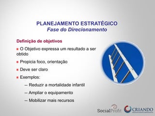 Definição de objetivos
  O Objetivo expressa um resultado a ser
obtido
  Propicia foco, orientação
  Deve ser claro
  Exemplos:
—  Reduzir a mortalidade infantil
— Ampliar o equipamento
—  Mobilizar mais recursos
PLANEJAMENTO ESTRATÉGICO
Fase do Direcionamento
 