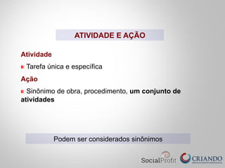 Atividade
Tarefa única e específica
Ação
Sinônimo de obra, procedimento, um conjunto de
atividades
Podem ser considerados sinônimos
ATIVIDADE E AÇÃO
 
