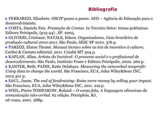FERRAREZI, Elisabete. OSCIP passo a passo. AED – Agência de Educação para o
desenvolvimento.
COSTA, Daniela Pais. Prestação de Contas. In Terceiro Setor: temas polêmicos.
Editora Peirópolis, (p13-44) , SP. 2005.
OLIVIERI, Cristiane; NATALE, Edson. Organizadores, Guia brasileiro de
produção cultural 2010-2011, São Paulo, SESC SP 2010. 376 p.
PARIZZI, Elaine Thomé. Manual técnico sobre as leis de incentivo à cultura.
Carlini & Caniato editorial, 2011. Cuiabá MT 304 p.
KAPLAN, Allan. Artista do Invisível: O processo social e o profissional de
desenvolvimento. São Paulo, Instituto Fonte e Editora Peirópolis, 2002. 260 p.
KANTER, Beth; PAINE, Katie Delahaye. Measuring the networked nonprofit:
Using data to change the world. São Francisco, EUA, John Wiley&Sons INC,
2012.301 p.
SAUL, Jason. The end of fundraising: Raise more money by selling your impact.
São Francisco, EUA, John Wiley&Sons INC, 2011. 219 p.
WEIL, Pierre TOMPAKOW, Roland – O corpo fala, A linguagem silenciosa da
comunicação não-verbal. 62 edição. Petróplois, RJ,
ed vozes, 2001. 288p.
Bibliografia
 