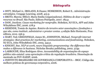 HITT, Michael A.; IRELAND, R.Duane; HOSKISSON, Robert E.. Administração
estratégica. Cengage Learning, 2008. 415 p.
BRITO, Marcia; MELO, Maria Emilia (organizadoras). Hábitos de doar e captar
recursos no Brasil. São Paulo, Editora Peirópolis, 2007. 183 p.
DAW, Jocelyne. Cause marketing for nonprofits. Hoboken, NJ EUA, AFP and John
Wiley&Sons INC, 2006. 278 p
RESENDE, Tomáz de Aquino. Roteiro do terceiro setor associações e fundações o
que são, como instituir, administrar e prestar contas. 4 edição Belo Horizonte, Prax
editora, 2012. 256 p.
HART, Ted; GREENFIELD, James M.; JOHNSTON, Michael. Nonprofit internet
strategies: Best practices for marketing, communications and fundraising. Hoboken,
NJ EUA, John Wiley&Sons INC, 2005. 345 p.
KNIGHT, Sue. NLP at work, neuro linguistic programming: the difference that
makes a diference in business. Nicholas Brealey publishing, 2002. 373p.
LARROUDÉ, Eliza Rodrigues Alves. Accountability de organizações do espaço
público não-estatal: uma apreciação crítica da regulação brasileira. Dissertação de
mestrado na FGV-EAESP, 2006.
INSTITUTO BRASILEIRO DE GOVERNANÇA CORPORATIVA – IBGC. Código das
melhore práticas de governança corporativa, 2006.
Bibliografia
 