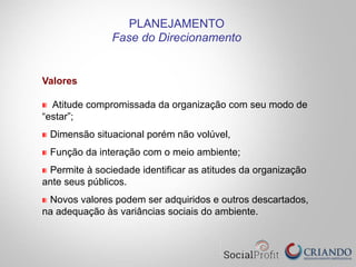 Valores
Atitude compromissada da organização com seu modo de
“estar”;
Dimensão situacional porém não volúvel,
Função da interação com o meio ambiente;
Permite à sociedade identificar as atitudes da organização
ante seus públicos.
Novos valores podem ser adquiridos e outros descartados,
na adequação às variâncias sociais do ambiente.
PLANEJAMENTO
Fase do Direcionamento
 