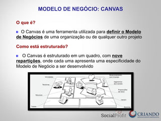 O que é?
O Canvas é uma ferramenta utilizada para definir o Modelo
de Negócios de uma organização ou de qualquer outro projeto
MODELO DE NEGÓCIO: CANVAS
Como está estruturado?
O Canvas é estruturado em um quadro, com nove
repartições, onde cada uma apresenta uma especificidade do
Modelo de Negócio a ser desenvolvido
 