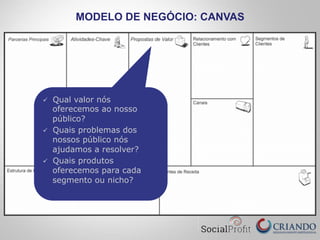MODELO DE NEGÓCIO: CANVAS
ü  Qual valor nós
oferecemos ao nosso
público?
ü  Quais problemas dos
nossos público nós
ajudamos a resolver?
ü  Quais produtos
oferecemos para cada
segmento ou nicho?
 