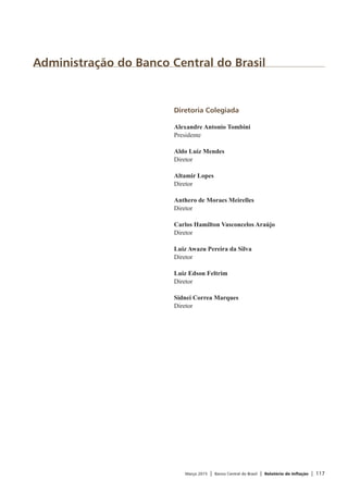 Março 2015 | Banco Central do Brasil | Relatório de Inflação | 117
Administração do Banco Central do Brasil
Diretoria Colegiada
Alexandre Antonio Tombini
Presidente
Aldo Luiz Mendes
Diretor
Altamir Lopes
Diretor
Anthero de Moraes Meirelles
Diretor
Carlos Hamilton Vasconcelos Araújo
Diretor
Luiz Awazu Pereira da Silva
Diretor
Luiz Edson Feltrim
Diretor
Sidnei Correa Marques
Diretor
 