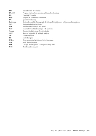 Março 2015 | Banco Central do Brasil | Relatório de Inflação | 121
PMI	 Índice Gerente de Compras
PNADC	 Pesquisa Nacional por Amostra de Domicílios Contínua
PO 	 População Ocupada
POF	 Pesquisa de Orçamentos Familiares
QE	 Quantitative Easing
Reintegra	 Regime Especial de Reintegração de Valores Tributários para as Empresas Exportadoras
SCN	 Sistema de Contas Nacionais
SCR 	 Sistema de Informações de Crédito
Selic	 Sistema Especial de Liquidação e de Custódia
Sensex	 Bombay Stock Exchange Sensitive Index
SIUP	 Serviços industriais de utilidade pública
TR	 Taxa Referencial
UE	 União Europeia
USDA	 Departamento de Agricultura Norte-Americano
VAR	 Vetor Autorregressivo
VIX	 Chicago Board Options Exchange Volatility Index
WTI	 West Texas Intermediate
 