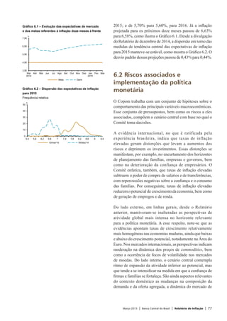 Março 2015 | Banco Central do Brasil | Relatório de Inflação | 77
2015; e de 5,70% para 5,60%, para 2016. Já a inflação
projetada para os próximos doze meses passou de 6,63%
para 6,58%, como ilustra o Gráfico 6.1. Desde a divulgação
do Relatório de dezembro de 2014, a dispersão em torno das
medidas de tendência central das expectativas de inflação
para 2015 manteve-se estável, como mostra o Gráfico 6.2. O
desvio padrão dessas projeções passou de 0,43% para 0,44%.
6.2 Riscos associados e
implementação da política
monetária
O Copom trabalha com um conjunto de hipóteses sobre o
comportamento das principais variáveis macroeconômicas.
Esse conjunto de pressupostos, bem como os riscos a eles
associados, compõem o cenário central com base no qual o
Comitê toma decisões.
A evidência internacional, no que é ratificada pela
experiência brasileira, indica que taxas de inflação
elevadas geram distorções que levam a aumentos dos
riscos e deprimem os investimentos. Essas distorções se
manifestam, por exemplo, no encurtamento dos horizontes
de planejamento das famílias, empresas e governos, bem
como na deterioração da confiança de empresários. O
Comitê enfatiza, também, que taxas de inflação elevadas
subtraem o poder de compra de salários e de transferências,
com repercussões negativas sobre a confiança e o consumo
das famílias. Por conseguinte, taxas de inflação elevadas
reduzem o potencial de crescimento da economia, bem como
de geração de empregos e de renda.
Do lado externo, em linhas gerais, desde o Relatório
anterior, mantiveram-se inalteradas as perspectivas de
atividade global mais intensa no horizonte relevante
para a política monetária. A esse respeito, note-se que as
evidências apontam taxas de crescimento relativamente
mais homogêneas nas economias maduras, ainda que baixas
e abaixo do crescimento potencial, notadamente na Área do
Euro. Nos mercados internacionais, as perspectivas indicam
moderação na dinâmica dos preços de commodities, bem
como a ocorrência de focos de volatilidade nos mercados
de moedas. Do lado interno, o cenário central contempla
ritmo de expansão da atividade inferior ao potencial, mas
que tende a se intensificar na medida em que a confiança de
firmas e famílias se fortaleça. São ainda aspectos relevantes
do contexto doméstico as mudanças na composição da
demanda e da oferta agregada, a dinâmica do mercado de
Gráfico 6.1 – Evolução das expectativas de mercado
e das metas referentes à inflação doze meses à frente
3,50
4,50
5,50
6,50
7,50
Mar
2014
Abr Mai Jun Jul Ago Set Out Nov Dez Jan
2015
Fev Mar
%
Meta Gerin
Gráfico 6.2 – Dispersão das expectativas de inflação
para 2015
Frequência relativa
0
10
20
30
40
50
5,4 5,8 6,2 6,6 7 7,4 7,8 8,2 8,6 9 9,4
%
13/mar/15 05/dez/14
 