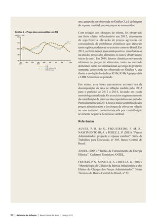 94 | Relatório de Inflação | Banco Central do Brasil | Março 2015
ano, que pode ser observada no Gráfico 3, e à defasagem
do repasse cambial para os preços ao consumidor.
Com relação aos choques de oferta, foi observado
um forte efeito inflacionário em 2012, decorrente
de significativa elevação de preços agrícolas em
consequência de problemas climáticos que afetaram
tanto regiões produtoras no exterior como no Brasil. Em
2013, o efeito menor, mas ainda positivo, manifestou-se
na alta dos preços dos alimentos in natura observada no
início do ano7
. Em 2014, fatores climáticos novamente
afetaram os preços de alimentos, tanto no mercado
doméstico como no internacional, ao longo do primeiro
semestre, como pode ser observado no Gráfico 4, que
ilustra a evolução dos índices IC-Br, IC-BrAgropecuária
e CRB Alimentos no período.
Em suma, este boxe apresentou estimativas da
decomposição da taxa de inflação medida pelo IPCA
para o período de 2012 a 2014, levando em conta
metodologia atualizada. Os exercícios sugerem aumento
da contribuição da inércia e das expectativas no período.
Particularmente em 2014, houve maior contribuição dos
preços administrados e do choque de oferta em relação
ao ano anterior, contrabalançada por contribuição
levemente negativa do repasse cambial.
Referências
ALVES, P. R. de S., FIGUEIREDO, F. M. R.,
NASCIMENTO JR, A. e PEREZ, L. P. (2013). “Preços
Administrados: projeção e repasse cambial”. Série de
Trabalhos para Discussão, nº 305, Banco Central do
Brasil.
ANEEL (2005). “Tarifas de Fornecimento de Energia
Elétrica”. Cadernos Temáticos ANEEL.
FREITAS, P. S., MINELLA, A. e RIELLA, G. (2002).
“Metodologia de Cálculo da Inércia Inflacionária e dos
Efeitos do Choque dos Preços Administrados”. Notas
Técnicas do Banco Central do Brasil, nº 22.
Gráfico 4 – Preço das commodities em R$
(Jul 2013 = 100)
80
90
100
110
120
Jul
2013
Set Nov Jan
2014
Mar Mai Jul Set Dez
IC-Br
IC-Br Agropecuária
CRB Alimentos
 