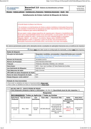 BacenJud 2.0 - Sistema de Atendimento ao Poder
Judiciário
EJUAD.DEB
quinta-feira,
21/02/2019
Minutas | Ordens judiciais | Contatos de I. Financeira | Relatórios Gerenciais | Ajuda | Sair
Detalhamento de Ordem Judicial de Bloqueio de Valores
O Comitê Gestor do Bacen Jud Informa:
- As corretoras e as distribuidoras de títulos e valores mobiliários (instituições financeiras
que custodiam investimentos de devedores) já estão respondendo ordens de bloqueio de
valores mobiliários pelo sistema BACENJUD 2.0.
Até que sejam criados códigos específicos de resposta para o bloqueio e transferência dos
ativos sob a responsabilidade desses novos participantes, os quais podem não ser líquidos
(apuração imediata do valor), convencionou-se como resposta padrão a mensagem
"bloqueio: R$0,01 - um centavo", via sistema. Nesses casos, SUGERE-SE NÃO
DESBLOQUEAR a ordem, e aguardar o prazo de 30 dias, pois provavelmente as
instituições financeiras encaminharão ofício, via Correios, com mais informações.
Os valores apresentados podem sofrer alterações devido a oscilações em aplicações financeiras e/ou a incidência de impostos.
Clique aqui para obter ajuda na configuração da impressão, e clique aqui para imprimir.
Dados do bloqueio
Situação da Solicitação: Respostas recebidas, processadas e disponibilizadas para consulta
As respostas recebidas das Instituições Financeiras foram processadas e
disponibilizadas para consulta.
Número do Protocolo: 20190001218731
Número do Processo: 50037063920194047000
Tribunal: TRIBUNAL REGIONAL FEDERAL DA 4 REGIAO
Vara/Juízo: 2871 - Sub. Jud. Curitiba/ 13ª Vara Federal de Curitiba
Juiz Solicitante do Bloqueio: Gabriela Hardt
Tipo/Natureza da Ação: Ação Criminal
CPF/CNPJ do Autor/Exeqüente da Ação:
Nome do Autor/Exeqüente da Ação: MPF
Deseja bloquear conta-salário? Sim
Relação de réus/executados
• Para exibir os detalhes de todos os réus/executados clique aqui.
• Para ocultar os detalhes de todos os réus/executados clique aqui.
403.961.698-72 - PAULO VIEIRA DE SOUZA
[Total bloqueado (bloqueio original e reiterações): R$ 396,75] [Quantidade atual de não respostas: 0]
Respostas
BCO BRADESCO/ Todas as Agências / Todas as Contas
Data/Hora
Protocolo
Tipo de Ordem Juiz
Solicitante
Valor (R$) Resultado (R$) Saldo
Bloqueado
Remanescente
(R$)
Data/Hora
Cumprimento
19/02/2019
10:22
Bloq. Valor
Gabriela
Hardt
100.000.000,00
(13) Cumprida
parcialmente por
insuficiência de
saldo, afetando
depósito a prazo.
396,75
396,75
(0,00 em conta-
salário)
19/02/2019
20:02
Ação
Valor
BacenJud 2.0 https://www3.bcb.gov.br/bacenjud2/exibirOrdemBloqueioValor.do?me...
1 de 2 21/02/2019 12:14
 