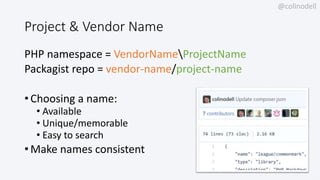 @colinodell
Project & Vendor Name
PHP namespace = VendorNameProjectName
Packagist repo = vendor-name/project-name
• Choosing a name:
• Available
• Unique/memorable
• Easy to search
• Make names consistent
 