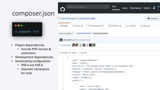 @colinodell
composer.json
• Project dependencies
• Include PHP version &
extensions
• Development dependencies
• Autoloading configuration
• PSR-4 not PSR-0
• Separate namespace
for tests
 