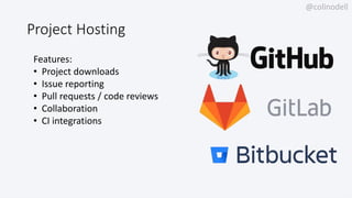 @colinodell
Project Hosting
Features:
• Project downloads
• Issue reporting
• Pull requests / code reviews
• Collaboration
• CI integrations
 