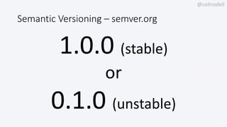 @colinodell
Semantic Versioning – semver.org
1.0.0 (stable)
or
0.1.0 (unstable)
 
