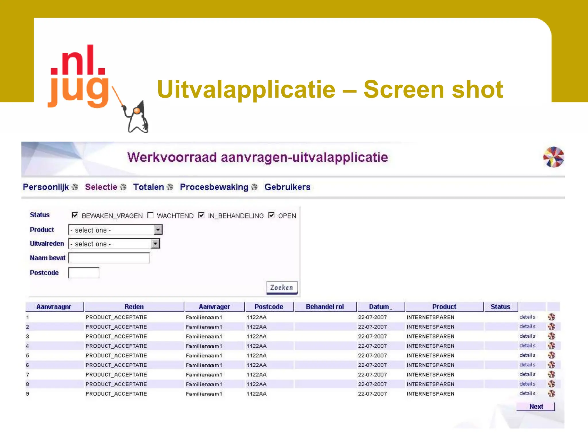 Uitvalapplicatie – Screen shot