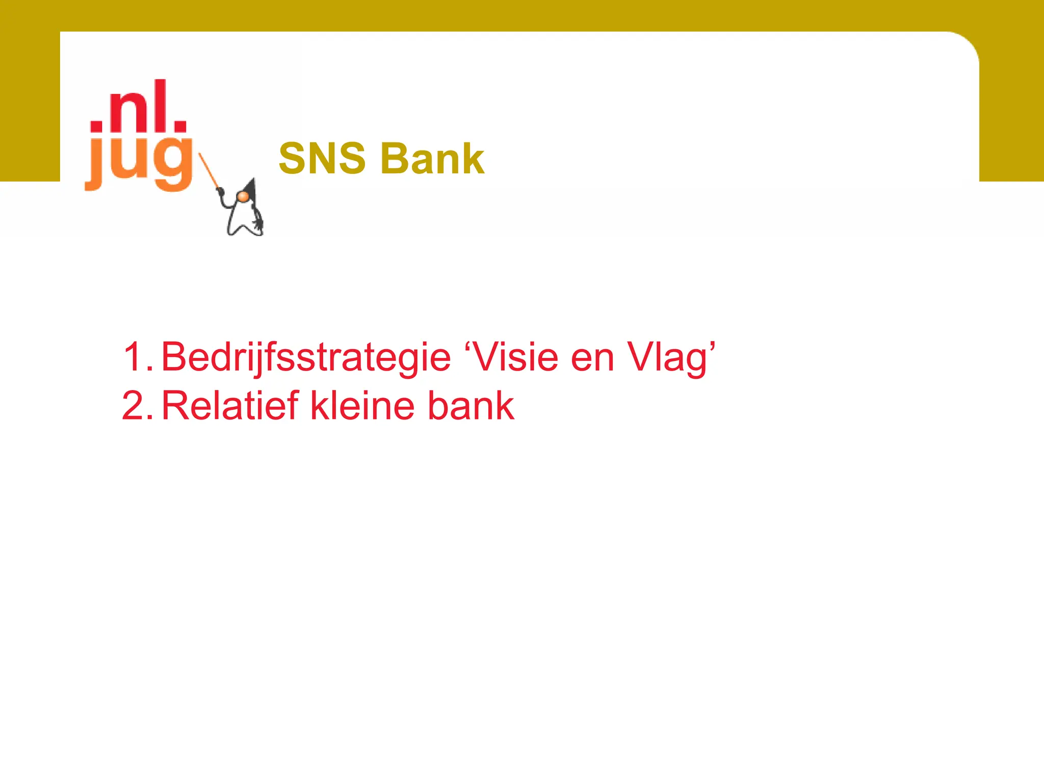 SNS Bank – Visie en VlagSNS Bank bedient haar klanten via internet en met mobiele adviseursIn 2010 moeten consumenten alle eenvoudige producten in vijf muisklikken kunnen kopen via internet.De bank bouwt aan een landelijk netwerk van winkels waar de klant afspraken kan maken met adviseurs.