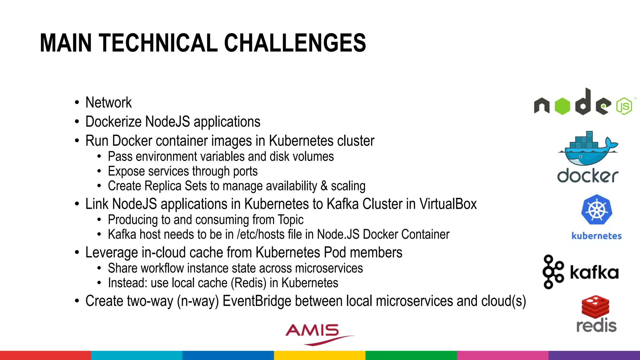 MAIN TECHNICAL CHALLENGES
• Network
• Dockerize NodeJS applications
• Run Docker container images in Kubernetes cluster
• Pass environment variables and disk volumes
• Expose services through ports
• Create Replica Sets to manage availability & scaling
• Link NodeJS applications in Kubernetes to Kafka Cluster in VirtualBox
• Producing to and consuming from Topic
• Kafka host needs to be in /etc/hosts file in Node.JS Docker Container
• Leverage in-cloud cache from Kubernetes Pod members
• Share workflow instance state across microservices
• Instead: use local cache (Redis) in Kubernetes
• Create two-way (n-way) EventBridge between local microservices and cloud(s)
 