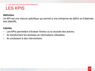 Définition
Un KPI est une mesure spécifique qui permet à une entreprise de définir et d’atteindre
ses objectifs.
Intérêts
• Les KPIs permettent d’évaluer l’échec ou la réussite des actions.
• Ils transforment les données en informations utilisables.
• Ils conduisent à des interventions.
13
2 – LES INDICATEURS DE PERFORMANCE
LES KPIS
 