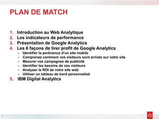 1. Introduction au Web Analytique
2. Les indicateurs de performance
3. Présentation de Google Analytics
4. Les 6 façons de tirer profit de Google Analytics
– Identifier la pertinence d’un site mobile
– Comprenez comment vos visiteurs sont arrivés sur votre site
– Mesurer vos campagnes de publicité
– Identifier les besoins de vos visiteurs
– Analyser le ROI de votre site web
– Utiliser un tableau de bord personnalisé
5. IBM Digital Analytics
PLAN DE MATCH
2
 