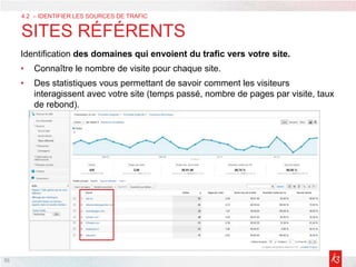 36
Identification des domaines qui envoient du trafic vers votre site.
• Connaître le nombre de visite pour chaque site.
• Des statistiques vous permettant de savoir comment les visiteurs
interagissent avec votre site (temps passé, nombre de pages par visite, taux
de rebond).
4.2 – IDENTIFIER LES SOURCES DE TRAFIC
SITES RÉFÉRENTS
 