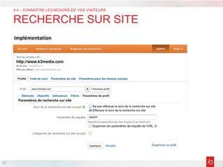 53
4.4 – CONNAÎTRE LES BESOINS DE VOS VISITEURS
RECHERCHE SUR SITE
Implémentation
 