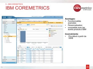 72
5 – IBM COREMETRICS
IBM COREMETRICS
Avantages:
• Fonctionnalités
avancées
• Personnalisation
• compatible avec les
autres produits d’IBM
Inconvénients:
• Prix élévé à partir de
35K$
 