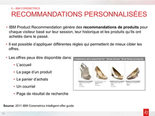 • IBM Product Recommendation génère des recommandations de produits pour
chaque visiteur basé sur leur session, leur historique et les produits qu’Ils ont
achetés dans le passé.
75
• Il est possible d’appliquer différentes règles qui permettent de mieux cibler les
offres.
• Les offres peux être disponible dans:
• L’accueil
• La page d’un produit
• Le panier d’achats
• Un courriel
• Page de résultat de recherche
5 – IBM COREMETRICS
RECOMMANDATIONS PERSONNALISÉES
Source: 2011 IBM Coremetrics Intelligent offer guide
 
