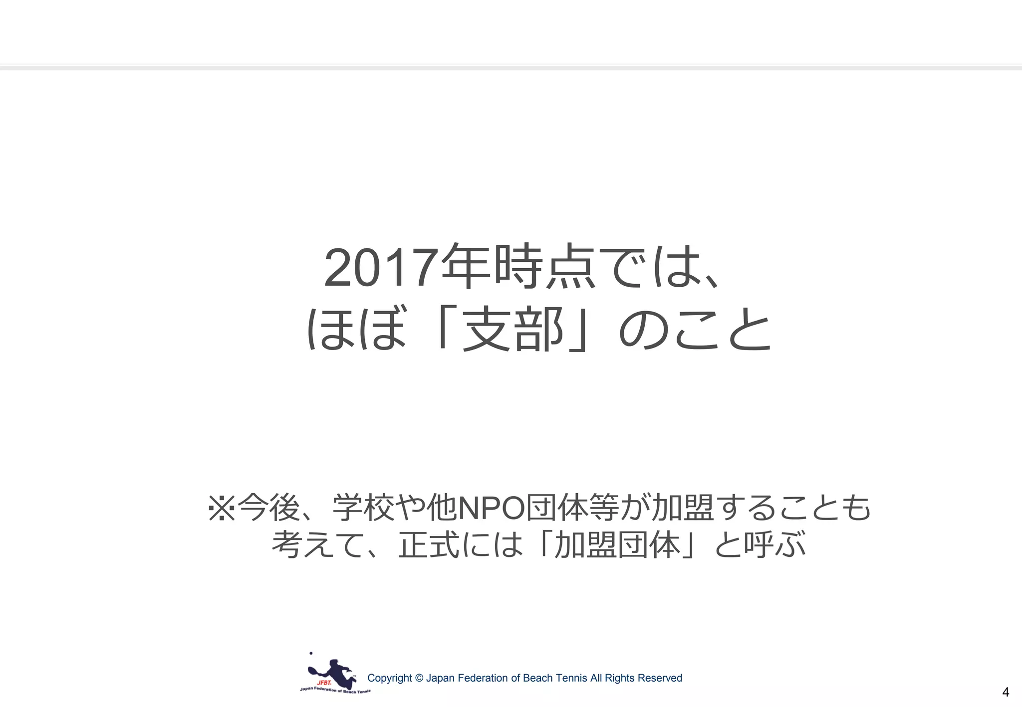 Copyright © Japan Federation of Beach Tennis All Rights Reserved
4
2017年時点では、
ほぼ「支部」のこと
※今後、学校や他NPO団体等が加盟することも
考えて、正式には「加盟団体」と呼ぶ
 