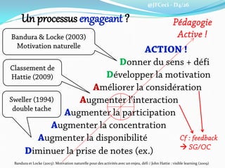 @JFCeci - D4/26
Un processus engageant ?
ACTION !
Donner du sens + défi
Développer la motivation
Améliorer la considération
Augmenter l’interaction
Augmenter la participation
Augmenter la concentration
Augmenter la disponibilité
Diminuer la prise de notes (ex.)
Pédagogie
Active !
Classement de
Hattie (2009)
Bandura & Locke (2003)
Motivation naturelle
Sweller (1994)
double tache
Cf : feedback
 SG/OC
Bandura et Locke (2003): Motivation naturelle pour des activités avec un enjeu, défi / John Hattie : visible learning (2009)
 