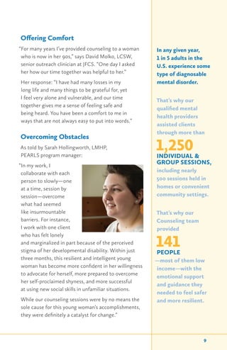 Offering Comfort
“For many years I’ve provided counseling to a woman
who is now in her 90s,” says David Molko, LCSW,
senior outreach clinician at JFCS. “One day I asked
her how our time together was helpful to her.”
Her response: “I have had many losses in my
long life and many things to be grateful for, yet
I feel very alone and vulnerable, and our time
together gives me a sense of feeling safe and
being heard. You have been a comfort to me in
ways that are not always easy to put into words.”
Overcoming Obstacles
As told by Sarah Hollingworth, LMHP,
PEARLS program manager:
“In my work, I
collaborate with each
person to slowly—one
at a time, session by
session—overcome
what had seemed
like insurmountable
barriers. For instance,
I work with one client
who has felt lonely
and marginalized in part because of the perceived
stigma of her developmental disability. Within just
three months, this resilient and intelligent young
woman has become more confident in her willingness
to advocate for herself, more prepared to overcome
her self-proclaimed shyness, and more successful
at using new social skills in unfamiliar situations.
While our counseling sessions were by no means the
sole cause for this young woman’s accomplishments,
they were definitely a catalyst for change.”
In any given year,
1 in 5 adults in the
U.S. experience some
type of diagnosable
mental disorder.
That’s why our
qualified mental
health providers
assisted clients
through more than
1,250INDIVIDUAL &
GROUP SESSIONS,
including nearly
500 sessions held in
homes or convenient
community settings.
That’s why our
Counseling team
provided
141PEOPLE
—most of them low
income—with the
emotional support
and guidance they
needed to feel safer
and more resilient.
9
 