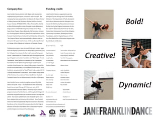 Company bio:                                                       Funding credit:
Jane Franklin Dance partners with digital and visual artists,      Jane Franklin Dance is supported in part by
neighborhood participants, composers and musicians. The            Arlington County through the Cultural Affairs




                                                                                                                                             Bold!
company has been presented at the Velocity DC Dance Festival       Division of the Department of Parks, Recreation
at Sidney Harman Hall, Northern Virginia Fine Arts Festival,       and Cultural Resources and the Arlington Com-
Source Festival, INTERSECTIONS: A New America Arts Festival        mission for the Arts; by Alexandria Commission
at Atlas Performing Arts Center, Kennedy Center Millennium         for the Arts, by the Virginia Commission for the
Stage, Clarice Smith Performing Arts Center, Dance Place,          Arts and the National Endowment for the Arts;
Grace Street Theater, Dance Bethesda, Old Dominion Universi-       Senior Adult Endowment Fund of the Arlington
ty’s Choreographers’ Showcase, New York’s International Dance      Community Foundation, Washington Forrest
Festival, Charlotte Dance Festival in North Carolina, Richmond’s   Foundation, and the Virginia Museum of Fine
“Yes, Virginia-Dance!” and internationally in Mexico with the      Arts Paul Mellon Arts in Education Program and
interactive Temporal Interference, which was then performed        by individual contributors.
at College of Arts & Media at University of Colorado Denver.
                                                                   Board of Directors        Staff
Collaborative projects have received funding in multiple years
from the Virginia Commission, the Alexandria Commission, and       Charlotte Hollister,      Jane Franklin, Artistic Director




                                                                                                                                Creative!
the Arlington Commission for the Arts, American Composers          Peg Schaefer,             Katie O’Connell, Admin. Asst.
Forum – Washington DC Chapter and from foundations includ-         Amy Firestone,            Emily Haggerty, Marketing

ing Arlington Community Foundation and Washington Forrest          Linda Vitello,            Paul Gillis Photography

Foundation. Jane Franklin is a recipient of the Community          Liz Hutcheson             Moise Ngomsu Foki, development

Foundation for the National Capital Region Creative Com-           Jennifer Wright

munities Initiative grant for a dance/video project inspired by    Elizabeth Ruppert         Adjunct Artists

round wall skateboarding. An installation art and dance piece,
Incidence, was presented by Mead Theatre Lab, a project of the     Company Dancers           Jason Donaldson

Cultural Development Corporation. Jane Franklin is a recipient                               Colleen Bergeron

of the American Association of University Women Elizabeth          Andrea Ligon              Diane Dorius

Campbell Award for the Advancement of the Arts in Arlington.       Wayles Haynes             Elizabeth Fogarty

                                                                   Amy Scaringe              Gerda Keiswetter




                                                                                                                                            Dynamic!
Jane Franklin Dance conducts ongoing outreach for older            Katie Tuebner             Lindsay McLaughlin

adults and youth. Forty + in collaboration with community          Daniel Zook               Peg Schaefer

based dancers past the age of 40 has been seen at U.S.             Emily Crews

Environmental Protection Agency “Diversity Day, in concert                                       Jane Franklin

programs by Jane Franklin Dance, and throughout Arlington in       For more information:         Artistic Director

workshop and performance at numerous centers serving older
adults. Two books by Baltimore writer Elizabeth Spires have        703-933-1111                  703-933-1111

been adapted into performances for children. Jane Franklin         www.janefranklin.com          http://www.janefranklin.com

Dance has been recognized by Virginia’s Governor’s Award for       www.facebook.com

Excellence in the Arts and the company tours for the Virginia      www.janefranklindance.blogspot.com

Museum of Fine Arts Paul Mellon Arts in Education Program          www.youtube.com/janefranklindance

and the Virginia Commission’s Tour Directory.
 