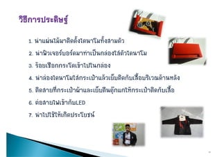 1. นําแผนไมมาติดตั้งไดนาโมทั้งสามตัว
2. นาฟวเจอรบอรดมาทาเปนกลองใสตวไดนาโม
2 นําฟวเจอรบอรดมาทําเปนกลองใสตัวไดนาโม
3. รอยเชือกกระโดเขาไปในกลอง
4. นําลองไดนาโมใสกระเปาแลวเย็บติดกับเสื้อบริเวณดานหลัง
5. ติิดสายทีี่กระเปาผาและเย็็บตีีนตุกแกใหกระเปาติดกัับเสืื้อ
                                                        ิ
6. ตอสายไฟเขากับLED
   ตอสายไฟเขากบLED
7. นําไปใชใหเกิดประโยชน


                                                                       14
 