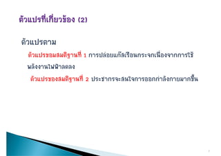 ตัวแปรตาม
 ตััวแปรขอมสมติิฐานทีี่ 1 การปลอยแกสเรืือนกระจกเนืองจากการใช
                                                     ื่
 พลังงานไฟฟาลดลง
  ตัวแปรของสมติฐานที่ 2 ประชากรจะสนใจการออกกาลังกายมากขึ้น
                                                    ํ




                                                                    7
 