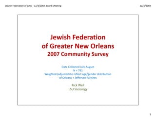 Jewish Federation of GNO ‐ 12/3/2007 Board Meeting                                           12/3/2007




                                   Jewish Federation 
                                of Greater New Orleans
                                of Greater New Orleans
                                     2007 Community Survey
                                                Data Collected July‐August
                                                          N = 791
                                   Weighted (adjusted) to reflect age/gender distribution 
                                    e g ted (adjusted) to e ect age/ge de d st but o
                                              of Orleans + Jefferson Parishes

                                                        Rick Weil
                                                      LSU Sociology
                                                      LSU Sociology




                                                                                                    1
 