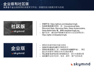 Skymind深度学习平台架构：模型训练（供参考）
使用Skymind深度学习平台构建与优化机械学习模型
CANOVA
DL4J
GPU
CUDA
CPU
MKL
ETL：数据抽取，清洗，转换和装载
从AMAZON S3, CASSANDRA, HDFS和任何NoSQL DB抽取数据并将数据转化为机器
学习工具使用矢量格式。
智能层
在多核的处理器上运行深层神经网络，对数据进行分类，聚类然后做出预测和评估。
分布式运行
数据分析（模型训练）编排系统：SPARK在集群服务器上的CUDA控制主机线程。在云
分布式系统上进行数据并行化和参数平均化训练。
硬件加速
标准计算机的本机硬件子系统： CUBLAS ，自定义的CUDA内核。使用轮循方式将其中
一个主机线程连接到特定的图形处理器（GPU）。对于CPU ，我们将对自定义的操作
和MKL的链接使用SIMD（单指令多数据）指令；或对引用BLAS impl，OpenBlas的链
接使用SIMD指令。
 