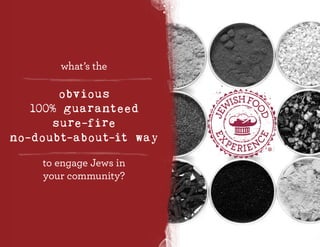 obvious
100% guaranteed
sure-fire
no-doubt-about-it way
what’s the
to engage Jews in
your community?
®
 